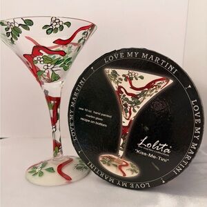 Lolita Hand-Painted Martini Glass with Red Ribbon & Green Leaf Motif